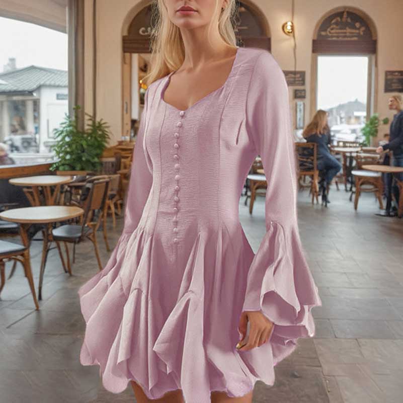 Pleated Square-Neck Ruffles Mini Dress Lotus Sleeves Event Dress