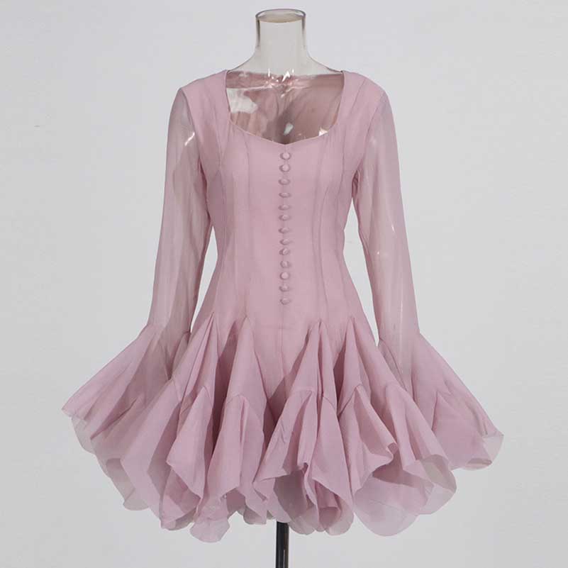Pleated Square-Neck Ruffles Mini Dress Lotus Sleeves Event Dress