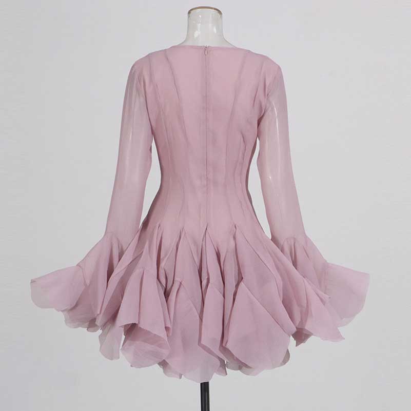 Pleated Square-Neck Ruffles Mini Dress Lotus Sleeves Event Dress