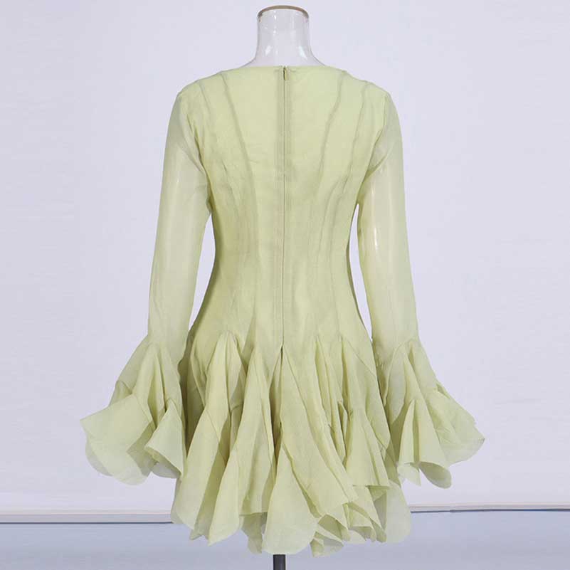 Pleated Square-Neck Ruffles Mini Dress Lotus Sleeves Event Dress