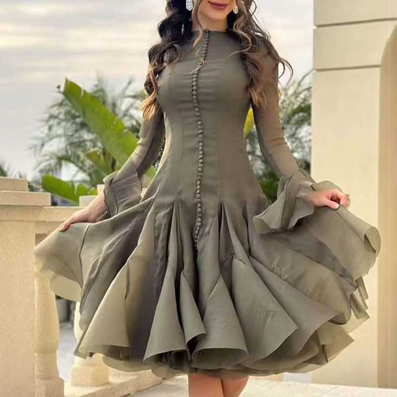 Pleated Mockneck Ruffles Midi Dress Lotus Sleeves