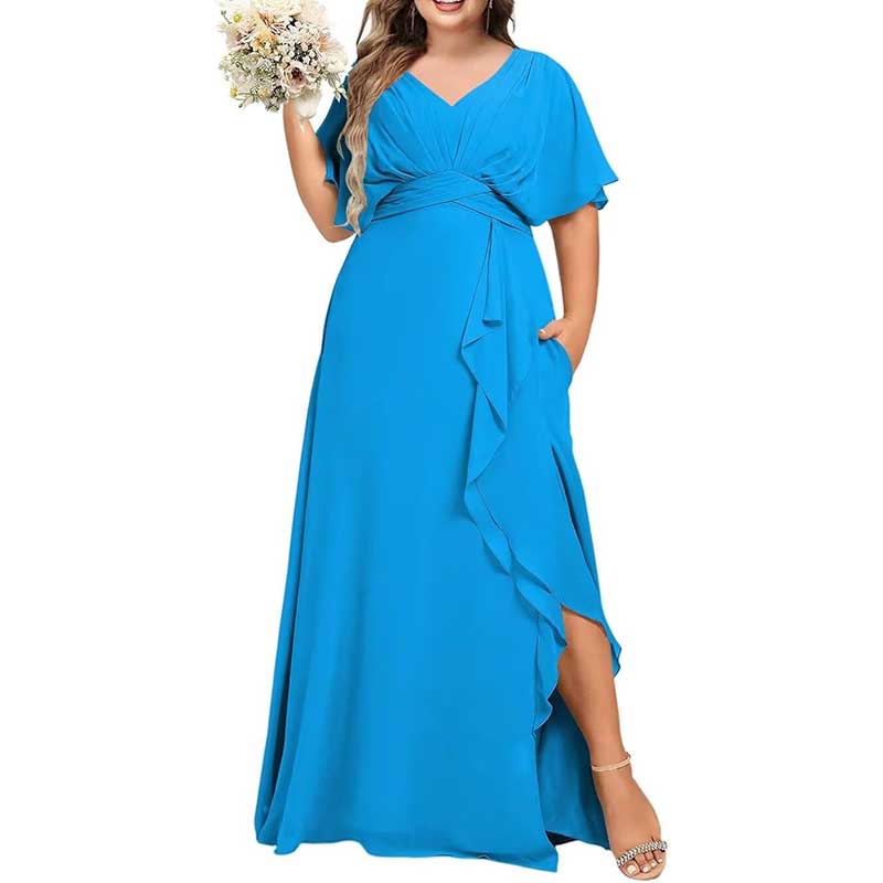 Plus Size Bridesmaid Dresses Slit Chiffon V Neck Formal Prom Dresses