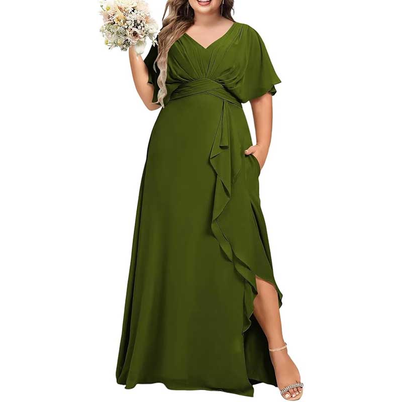 Plus Size Bridesmaid Dresses Slit Chiffon V Neck Formal Prom Dresses