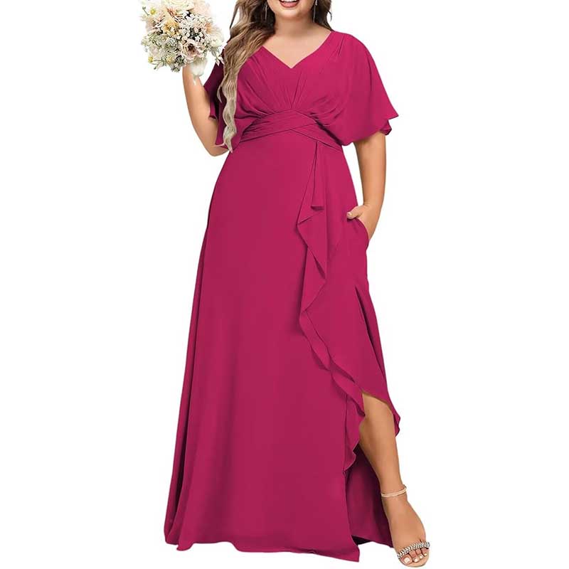 Plus Size Bridesmaid Dresses Slit Chiffon V Neck Formal Prom Dresses