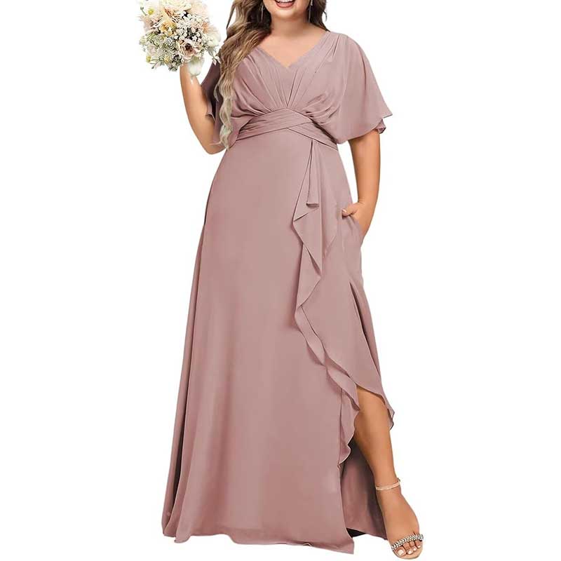 Plus Size Bridesmaid Dresses Slit Chiffon V Neck Formal Prom Dresses