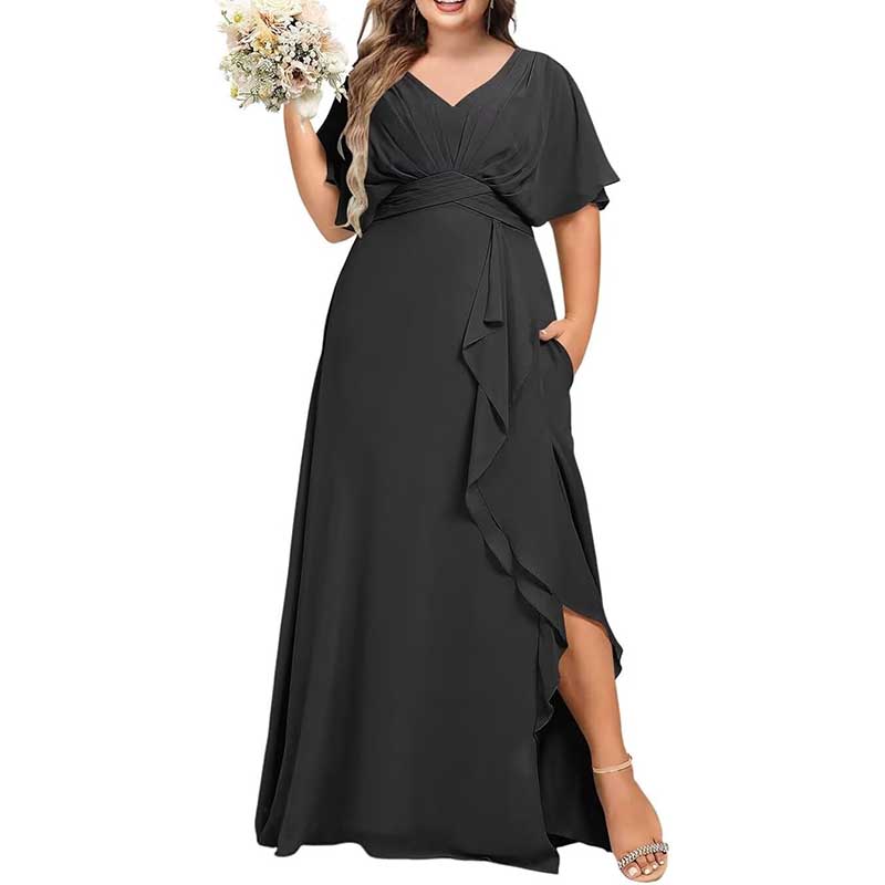 Plus Size Bridesmaid Dresses Slit Chiffon V Neck Formal Prom Dresses