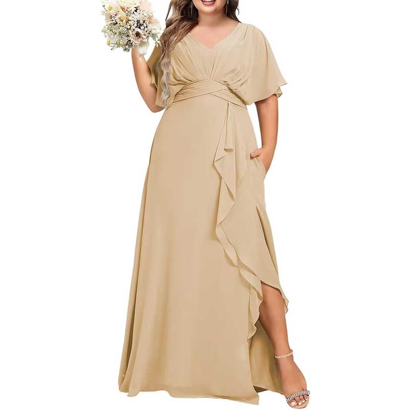 Plus Size Bridesmaid Dresses Slit Chiffon V Neck Formal Prom Dresses