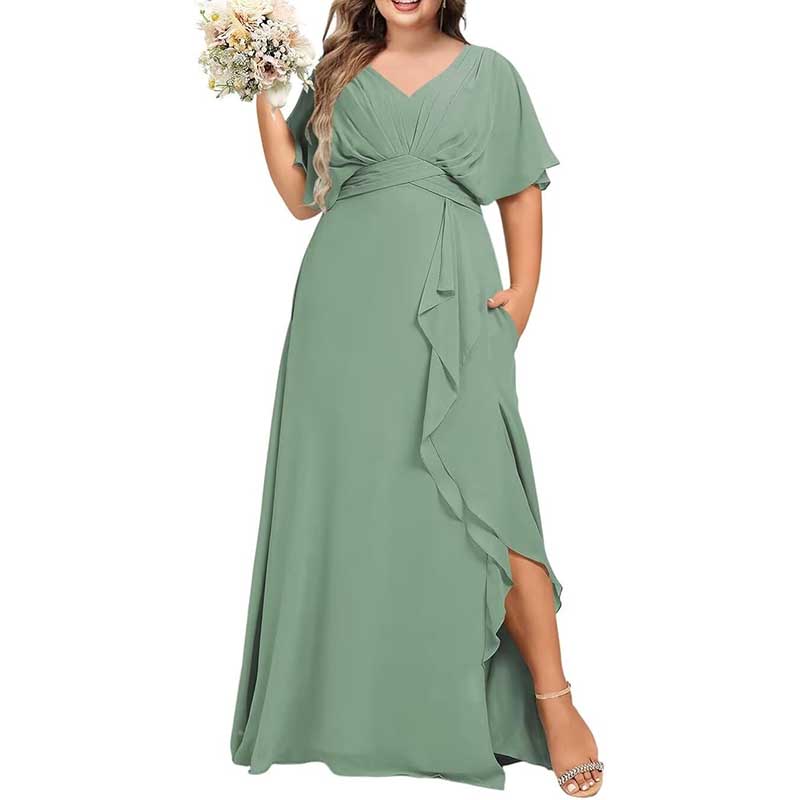 Plus Size Bridesmaid Dresses Slit Chiffon V Neck Formal Prom Dresses