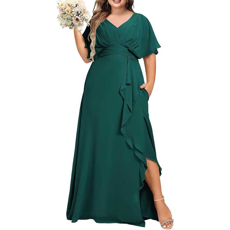 Plus Size Bridesmaid Dresses Slit Chiffon V Neck Formal Prom Dresses