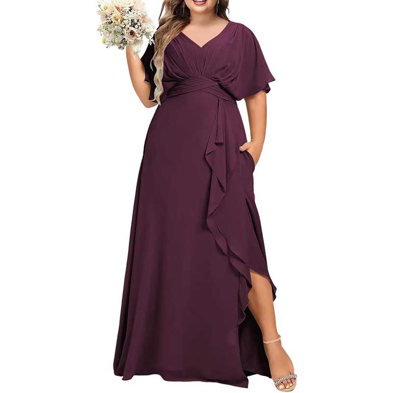 Plus Size Bridesmaid Dresses Slit Chiffon V Neck Formal Prom Dresses