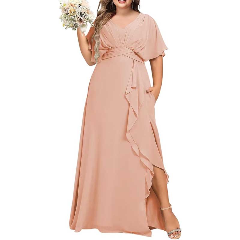 Plus Size Bridesmaid Dresses Slit Chiffon V Neck Formal Prom Dresses
