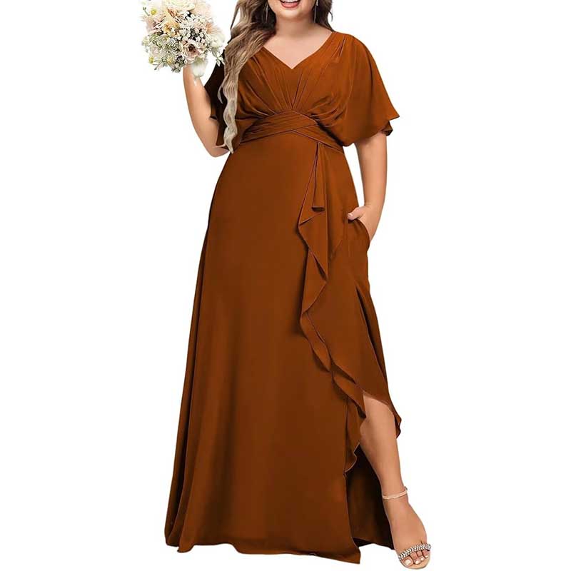 Plus Size Bridesmaid Dresses Slit Chiffon V Neck Formal Prom Dresses