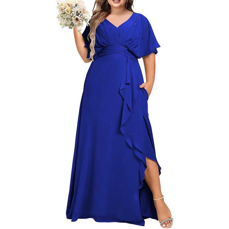 Plus Size Bridesmaid Dresses Slit Chiffon V Neck Formal Prom Dresses