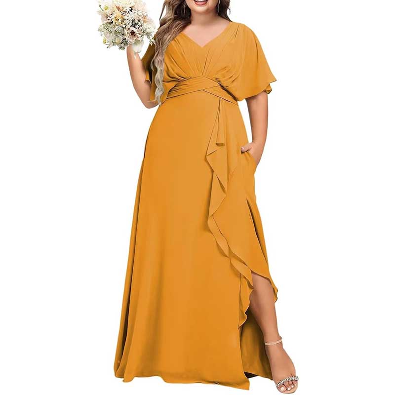 Plus Size Bridesmaid Dresses Slit Chiffon V Neck Formal Prom Dresses