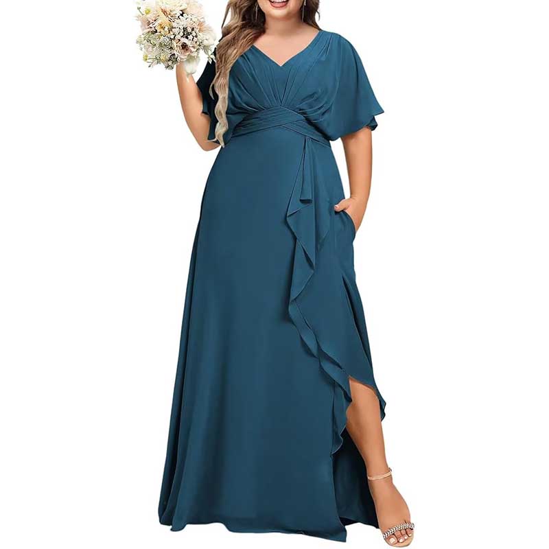 Plus Size Bridesmaid Dresses Slit Chiffon V Neck Formal Prom Dresses