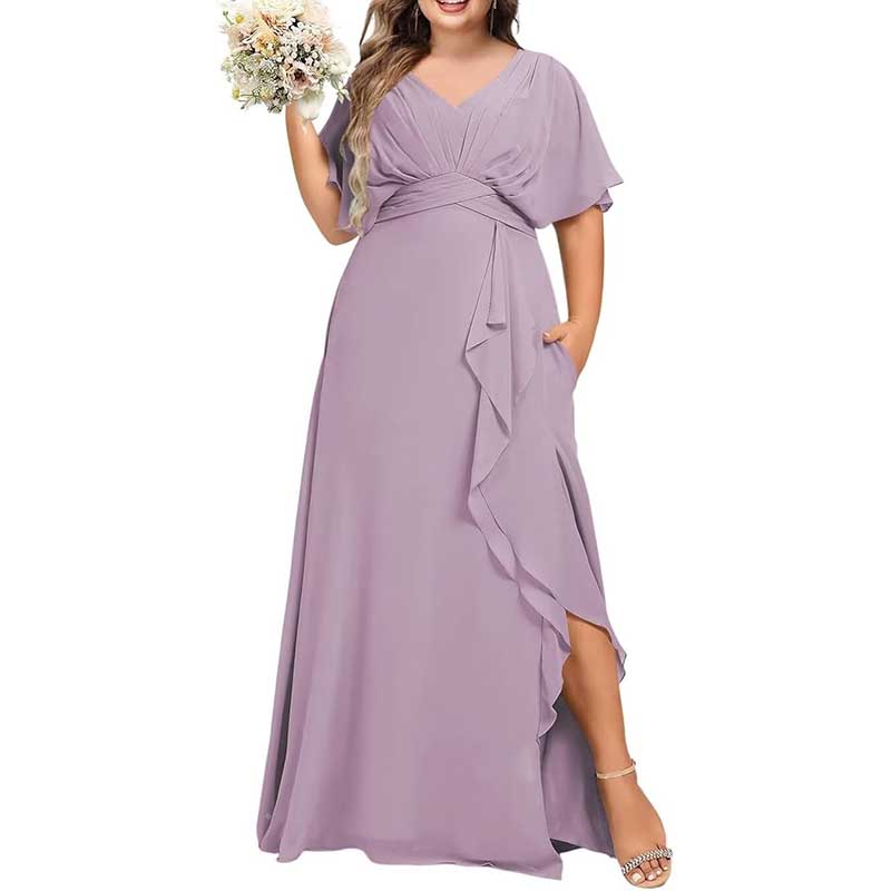 Plus Size Bridesmaid Dresses Slit Chiffon V Neck Formal Prom Dresses