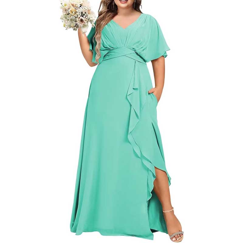 Plus Size Bridesmaid Dresses Slit Chiffon V Neck Formal Prom Dresses