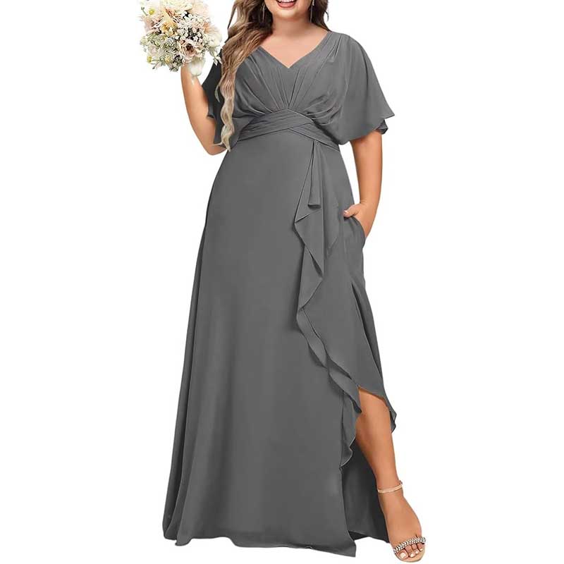 Plus Size Bridesmaid Dresses Slit Chiffon V Neck Formal Prom Dresses