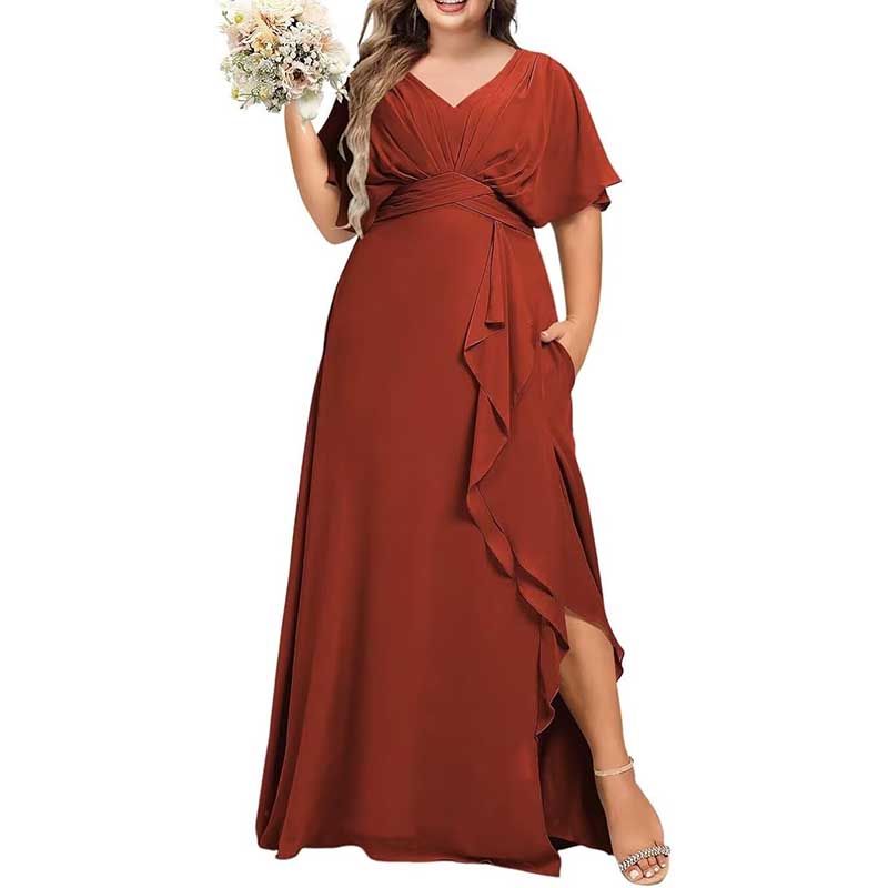 Plus Size Bridesmaid Dresses Slit Chiffon V Neck Formal Prom Dresses
