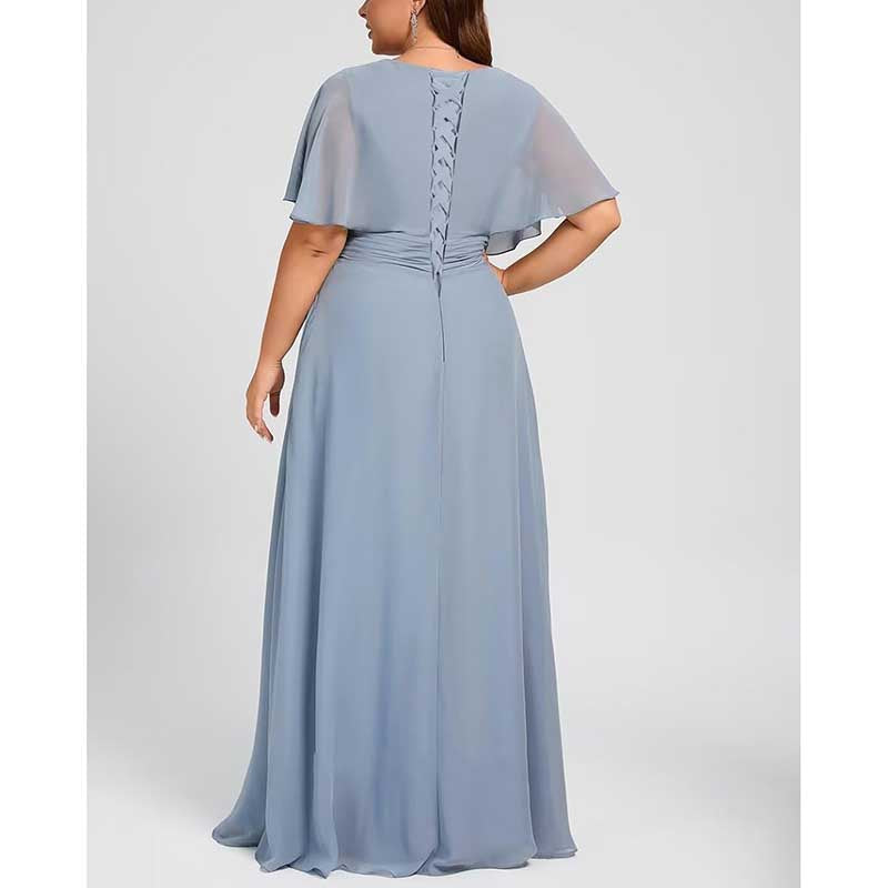 Plus Size Bridesmaid Dresses Slit Chiffon V Neck Formal Prom Dresses