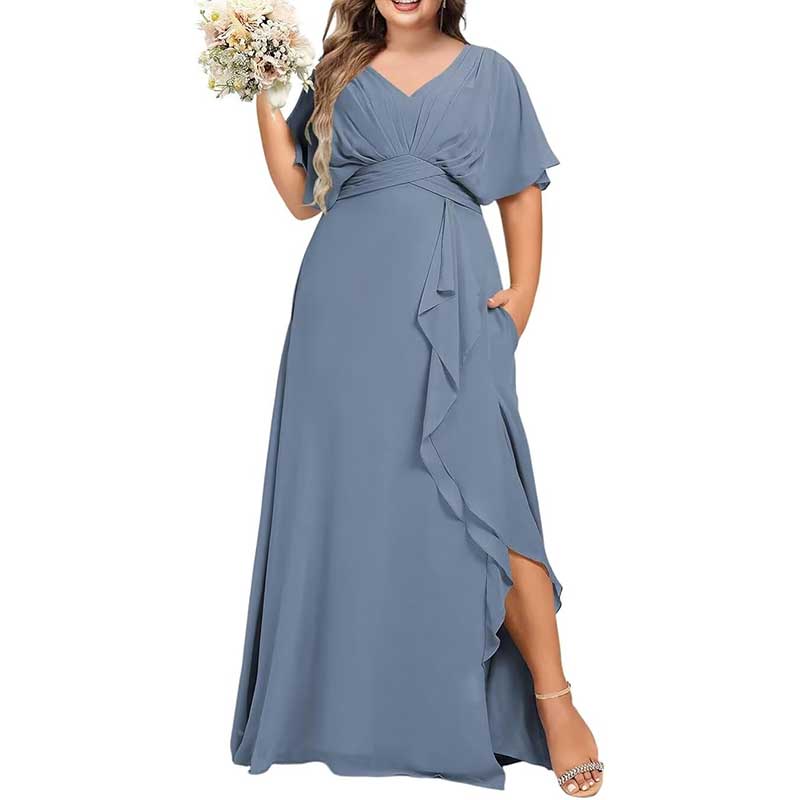 Plus Size Bridesmaid Dresses Slit Chiffon V Neck Formal Prom Dresses