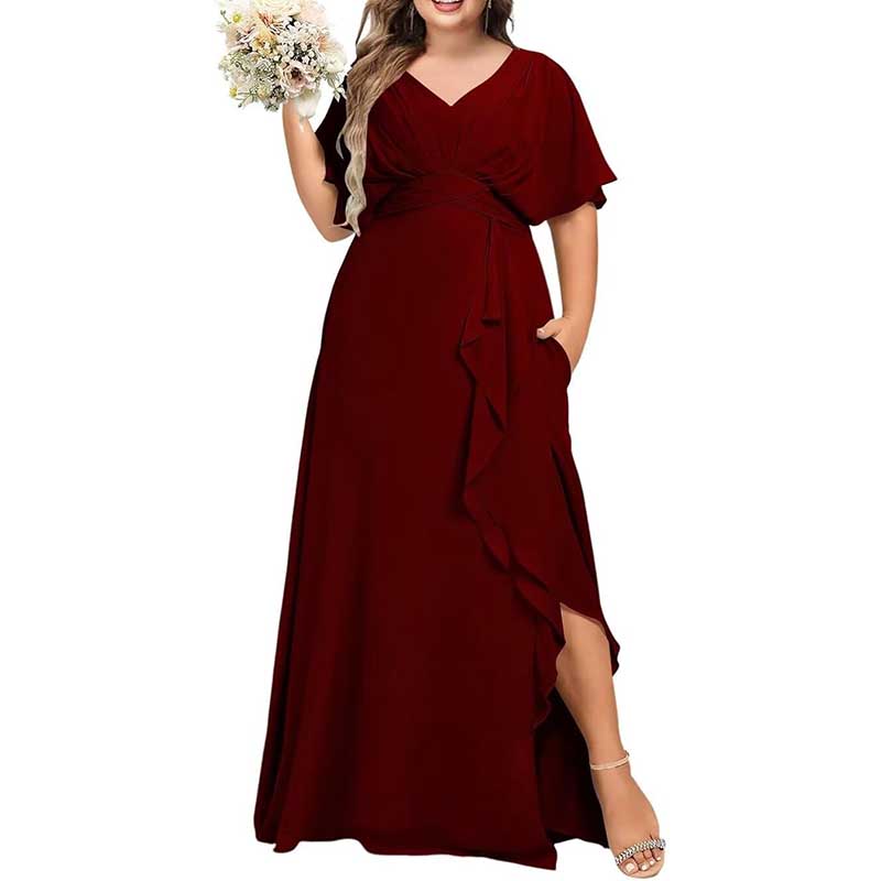 Plus Size Bridesmaid Dresses Slit Chiffon V Neck Formal Prom Dresses