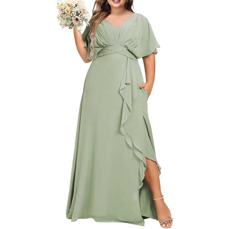 Plus Size Bridesmaid Dresses Slit Chiffon V Neck Formal Prom Dresses