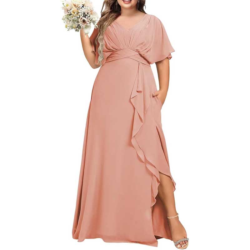 Plus Size Bridesmaid Dresses Slit Chiffon V Neck Formal Prom Dresses