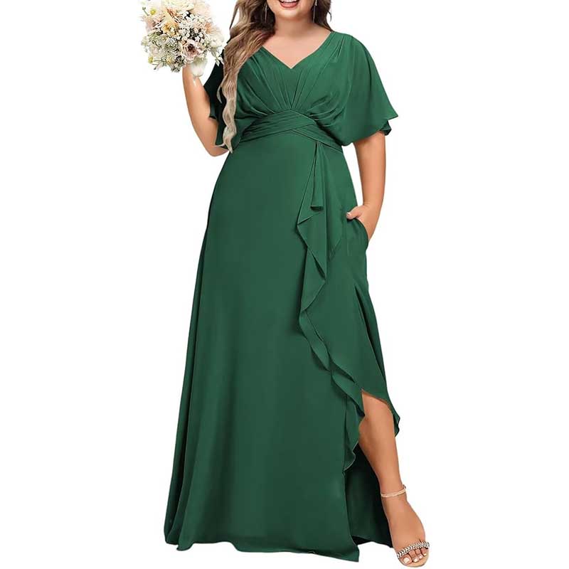 Plus Size Bridesmaid Dresses Slit Chiffon V Neck Formal Prom Dresses