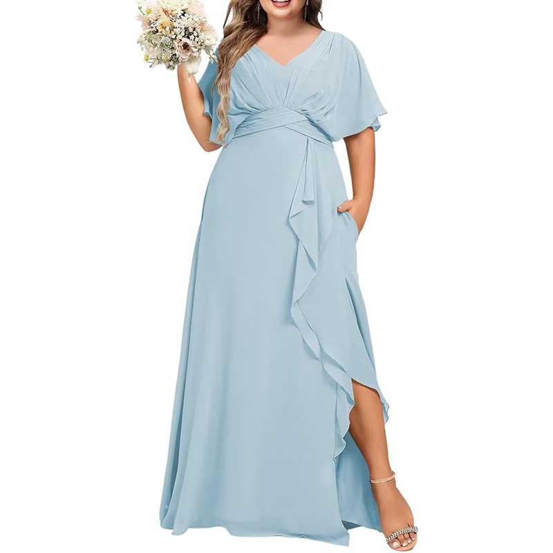 Plus Size Bridesmaid Dresses Slit Chiffon V Neck Formal Prom Dresses