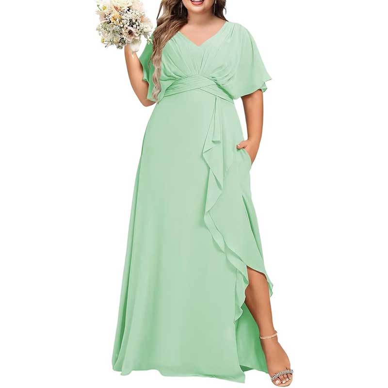 Plus Size Bridesmaid Dresses Slit Chiffon V Neck Formal Prom Dresses