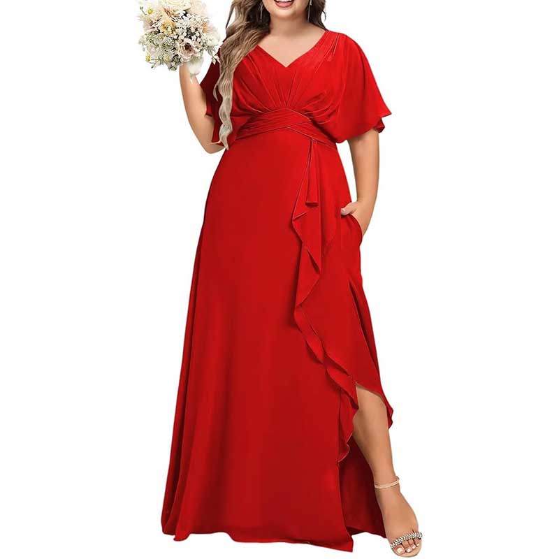 Plus Size Bridesmaid Dresses Slit Chiffon V Neck Formal Prom Dresses
