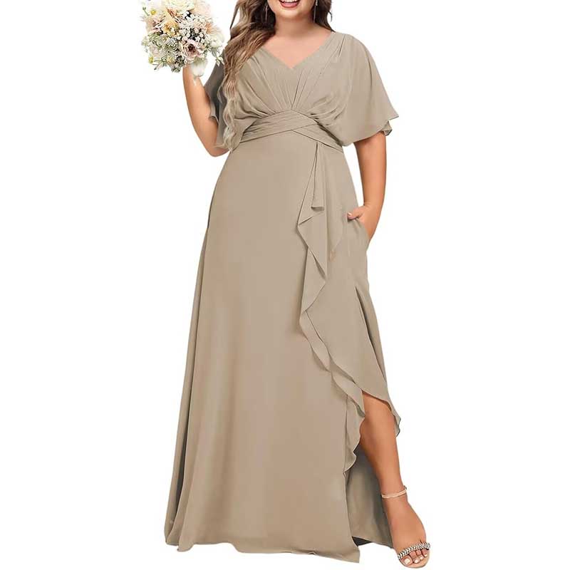 Plus Size Bridesmaid Dresses Slit Chiffon V Neck Formal Prom Dresses