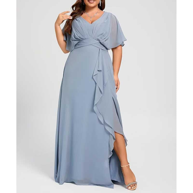 Plus Size Bridesmaid Dresses Slit Chiffon V Neck Formal Prom Dresses