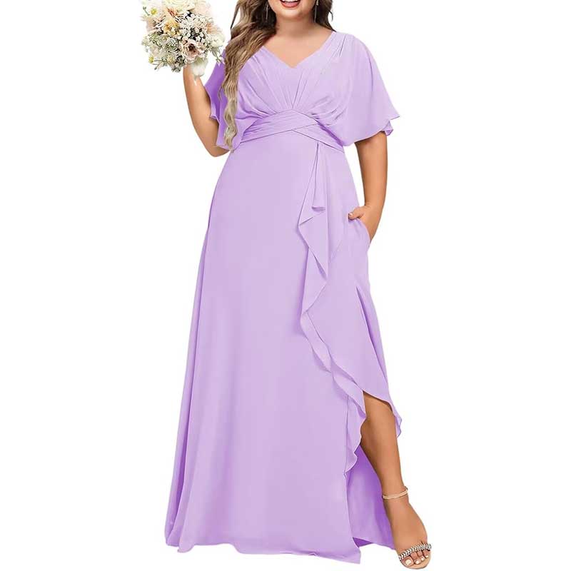 Plus Size Bridesmaid Dresses Slit Chiffon V Neck Formal Prom Dresses