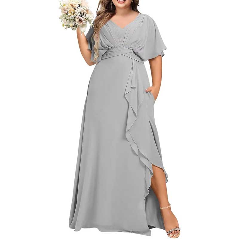 Plus Size Bridesmaid Dresses Slit Chiffon V Neck Formal Prom Dresses