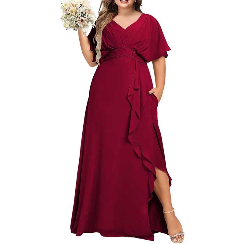 Plus Size Bridesmaid Dresses Slit Chiffon V Neck Formal Prom Dresses