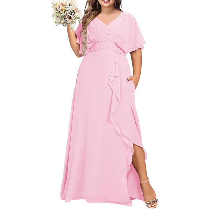 Plus Size Bridesmaid Dresses Slit Chiffon V Neck Formal Prom Dresses