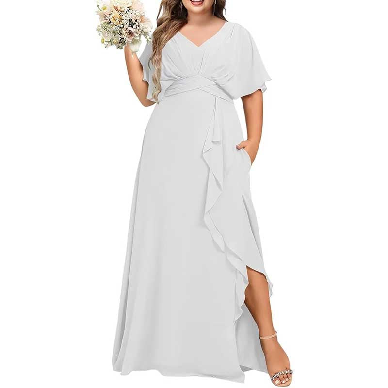 Plus Size Bridesmaid Dresses Slit Chiffon V Neck Formal Prom Dresses