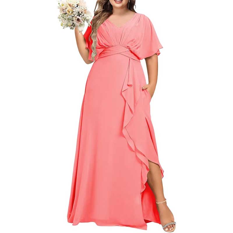 Plus Size Bridesmaid Dresses Slit Chiffon V Neck Formal Prom Dresses