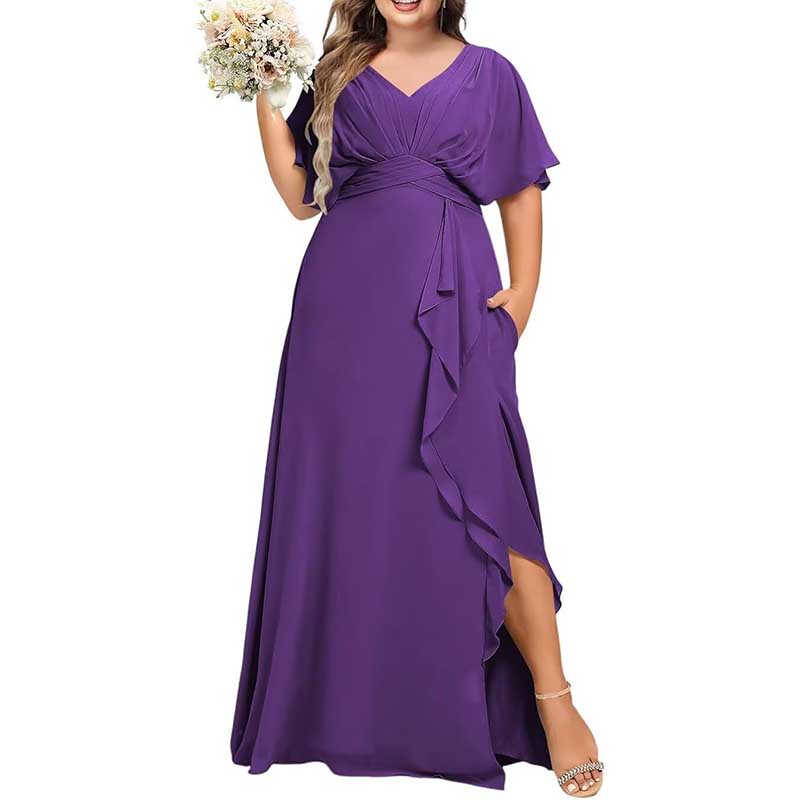 Plus Size Bridesmaid Dresses Slit Chiffon V Neck Formal Prom Dresses