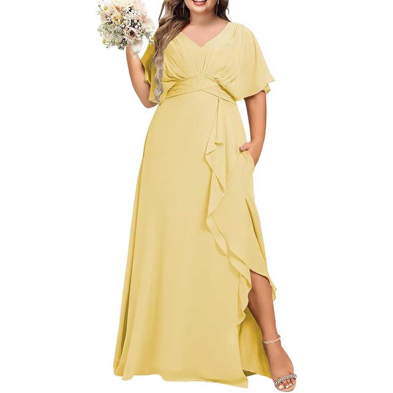 Plus Size Bridesmaid Dresses Slit Chiffon V Neck Formal Prom Dresses