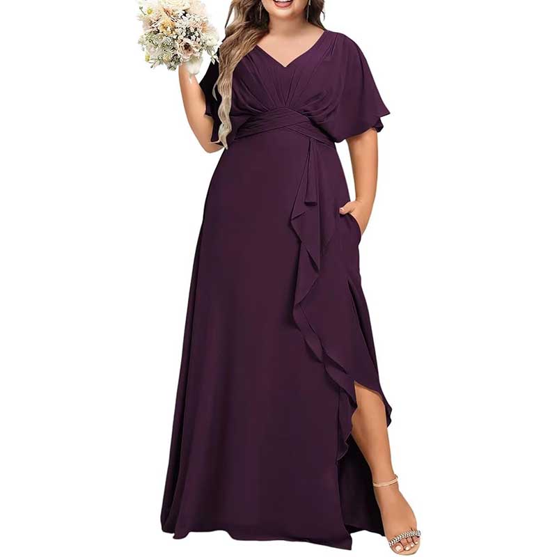 Plus Size Bridesmaid Dresses Slit Chiffon V Neck Formal Prom Dresses