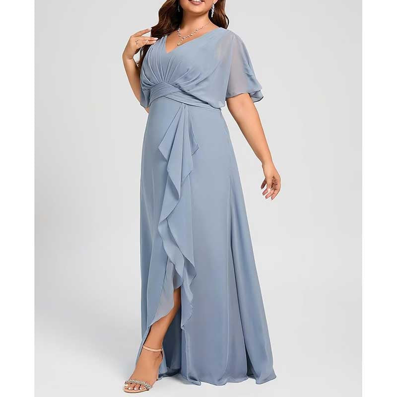 Plus Size Bridesmaid Dresses Slit Chiffon V Neck Formal Prom Dresses