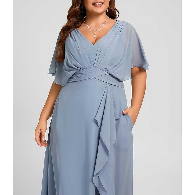 Plus Size Bridesmaid Dresses Slit Chiffon V Neck Formal Prom Dresses