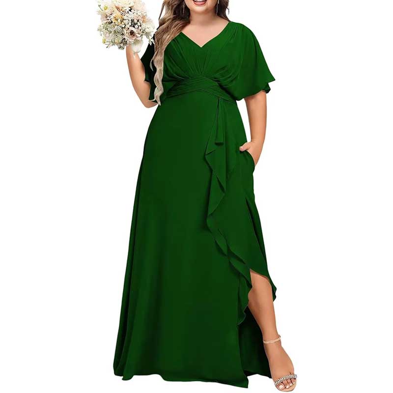 Plus Size Bridesmaid Dresses Slit Chiffon V Neck Formal Prom Dresses