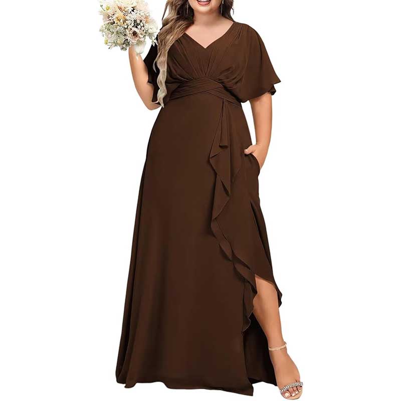 Plus Size Bridesmaid Dresses Slit Chiffon V Neck Formal Prom Dresses