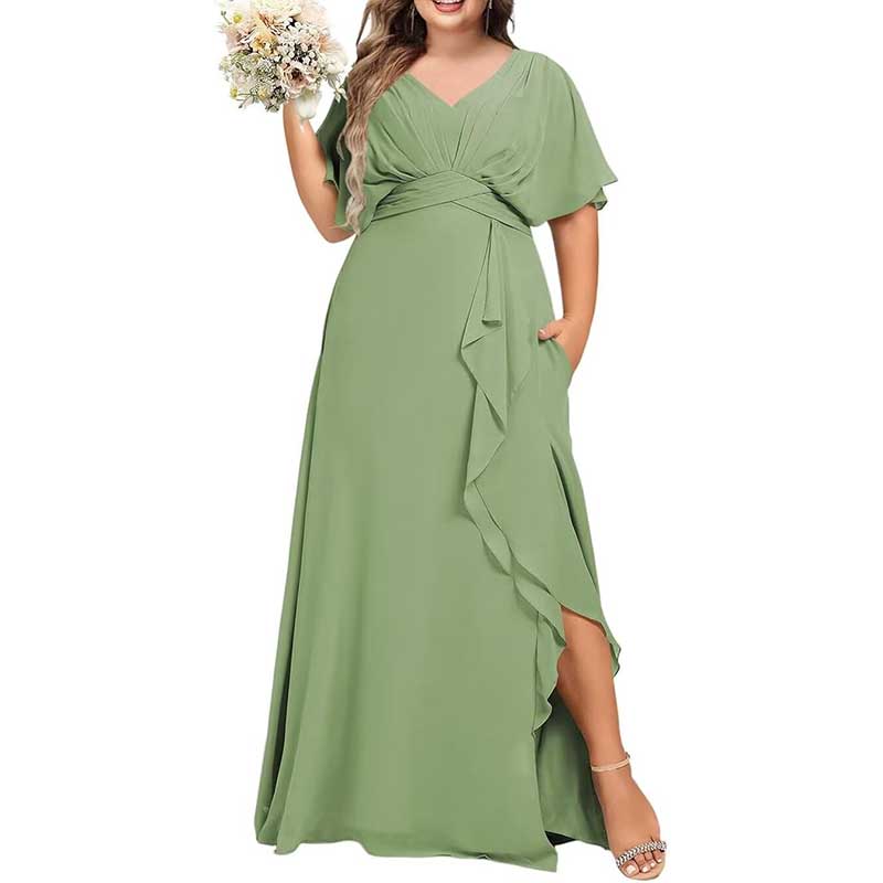 Plus Size Bridesmaid Dresses Slit Chiffon V Neck Formal Prom Dresses