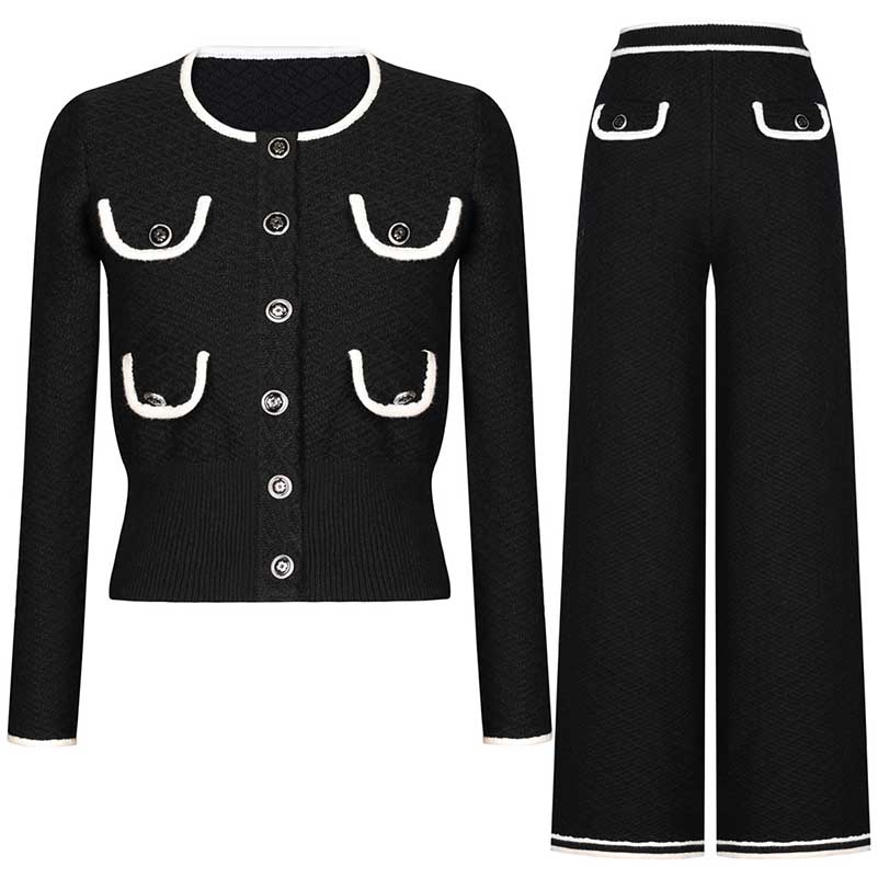 Tailored Button-Up Cardigan Jacket Wide-Leg Pantsuits