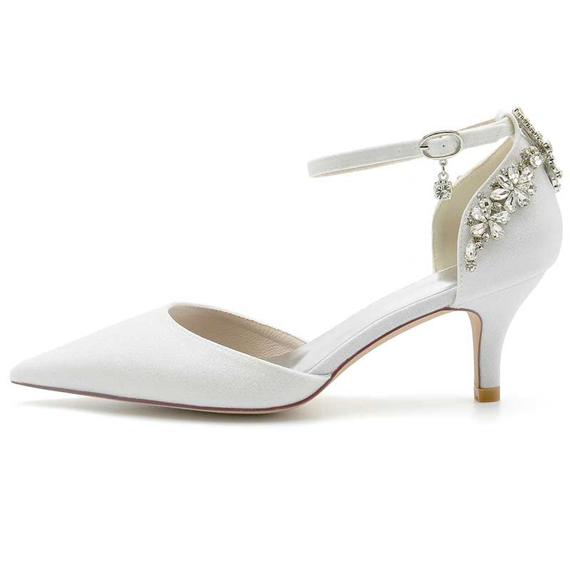 2.36" Pointed Toe Glitter Pumps Ankle Strap Wedding Shoes with Rhinestones